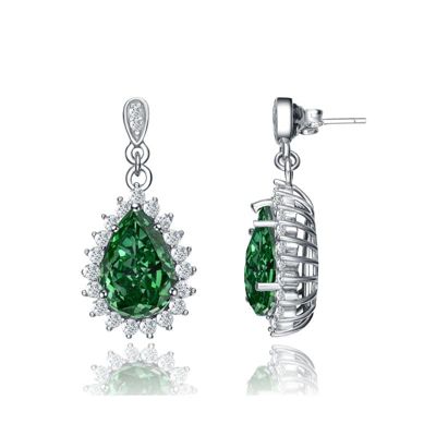 Rozzato Lab Created Sterling Silver White Gold Plated with Emerald Green Cubic Zirconia Halo Drop Earrings
