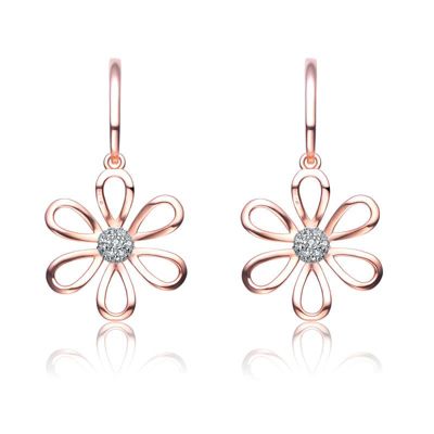 Rozzato Lab Created 18K Rose Gold Plated with Clear Cubic Zirconia Six Petal Flower Earrings, White