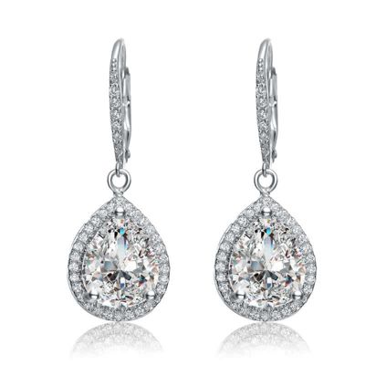 Rozzato Lab Created Sterling Silver White Gold Plated with Clear Pear Drop Cubic Zirconia LeverBack Earrings