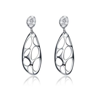 Rozzato Lab Created Sterling Silver White Gold Plated with Clear Cubic Zirconia Oval Drop Lace Design Earrings