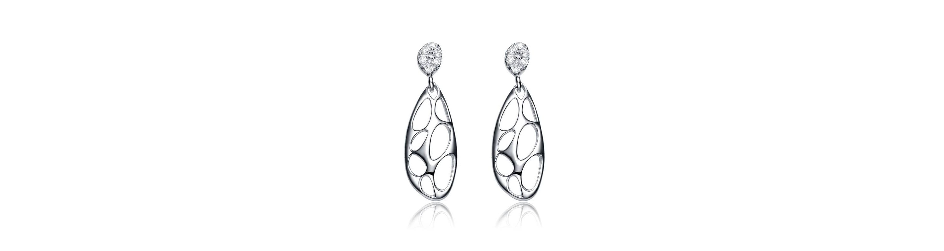 Lab Created Sterling Silver White Gold Plated with Clear Cubic Zirconia Oval Drop Lace Design Earrings