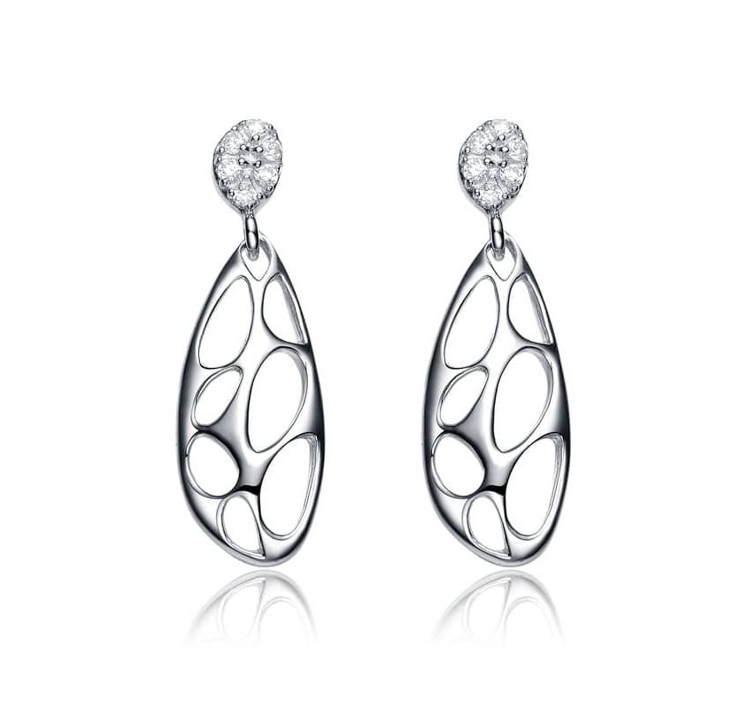 Lab Created Sterling Silver White Gold Plated with Clear Cubic Zirconia Oval Drop Lace Design Earrings