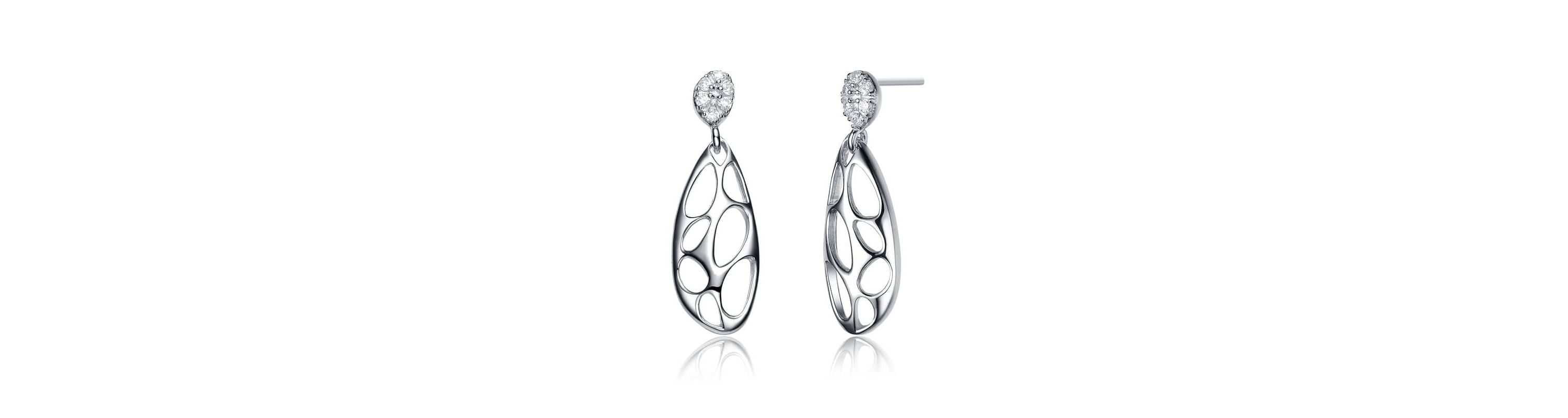 Lab Created Sterling Silver White Gold Plated with Clear Cubic Zirconia Oval Drop Lace Design Earrings