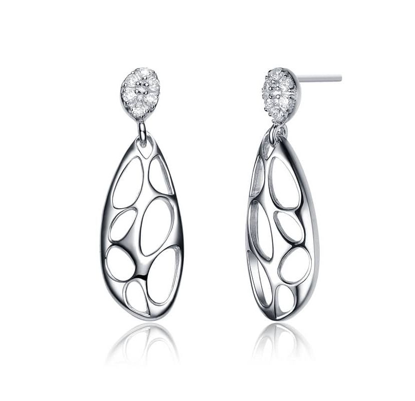 Lab Created Sterling Silver White Gold Plated with Clear Cubic Zirconia Oval Drop Lace Design Earrings