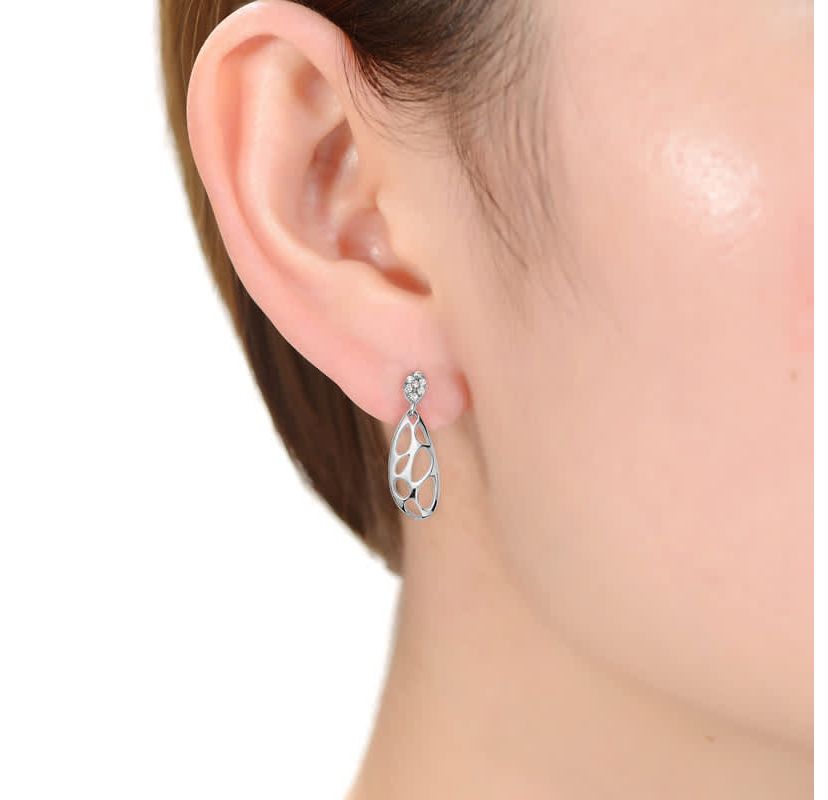 Lab Created Sterling Silver White Gold Plated with Clear Cubic Zirconia Oval Drop Lace Design Earrings