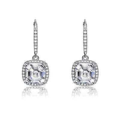 Rozzato Lab Created Sterling Silver White Gold Plated with Clear Cubic Zirconia Radiant Square Drop Earrings