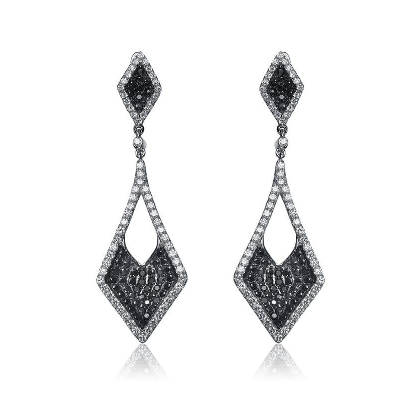 Lab Created Sterling Silver Black Plated & White Gold Plated Kite Shape Drop Earrings