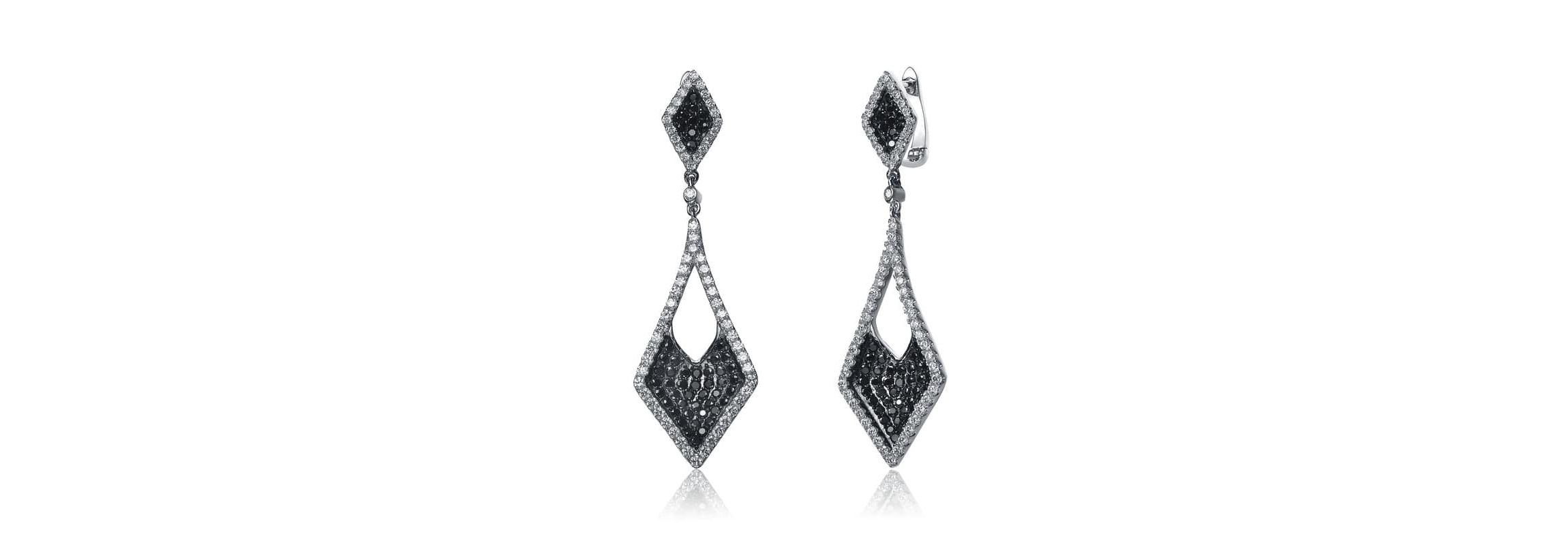 Lab Created Sterling Silver Black Plated & White Gold Plated Kite Shape Drop Earrings