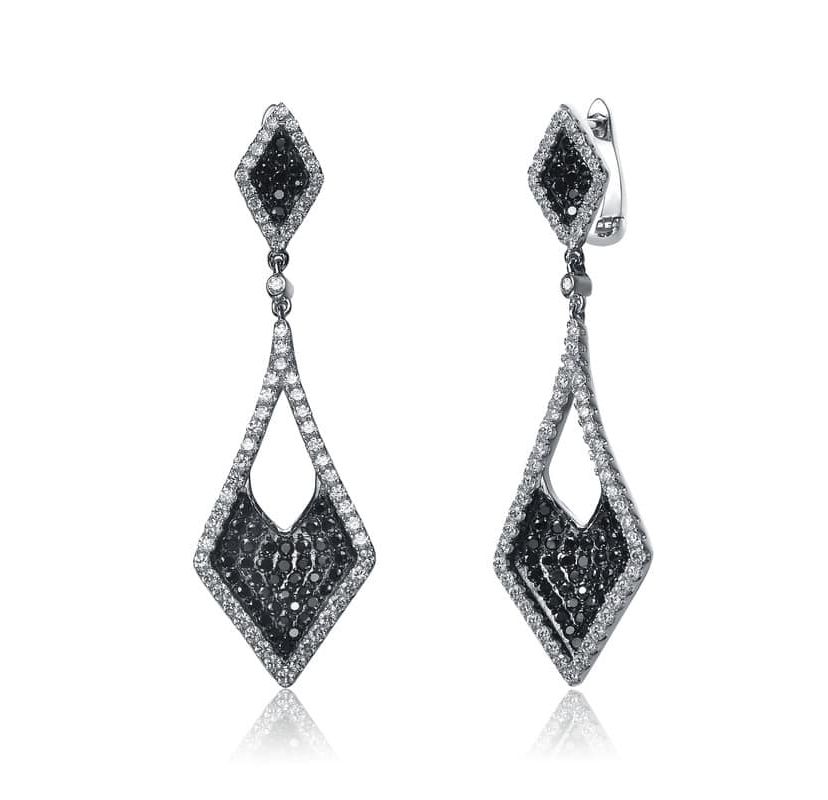 Lab Created Sterling Silver Black Plated & White Gold Plated Kite Shape Drop Earrings