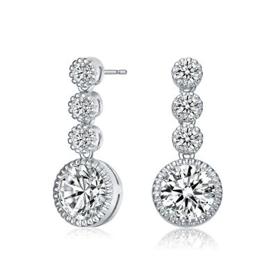 Rozzato Lab Created Sterling Silver White Gold Plated with Clear Round Cubic Zirconia Bezel Set Three Stone Drop Earrings