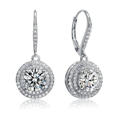 Rozzato Lab Created Sterling Silver White Gold Plated with Clear Cubic Zirconia Circle Drop Earrings