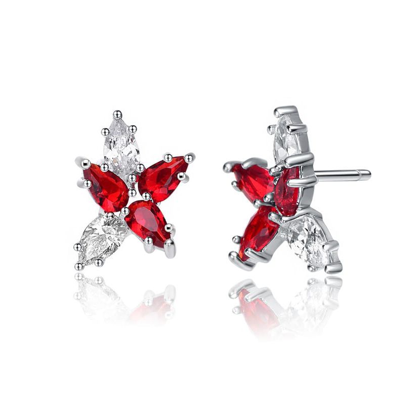 Lab Created Sterling Silver White Gold Plated with Ruby Red Cubic Zirconia Stud Earrings