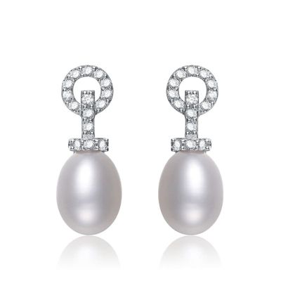 Rozzato Lab Created Sterling Silver White Gold Plated with Cubic Zirconia & Pearl Drop Earrings