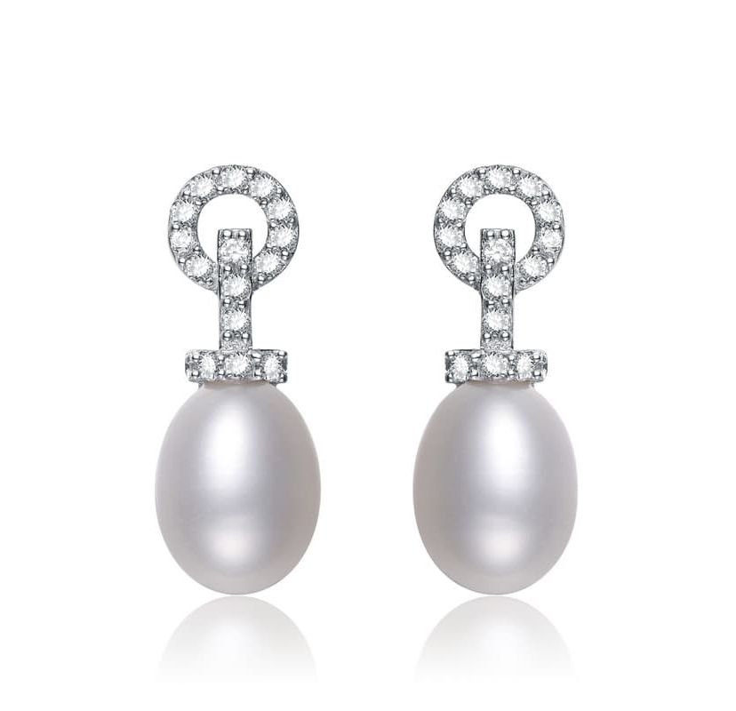 Lab Created Sterling Silver White Gold Plated with Cubic Zirconia & Pearl Drop Earrings