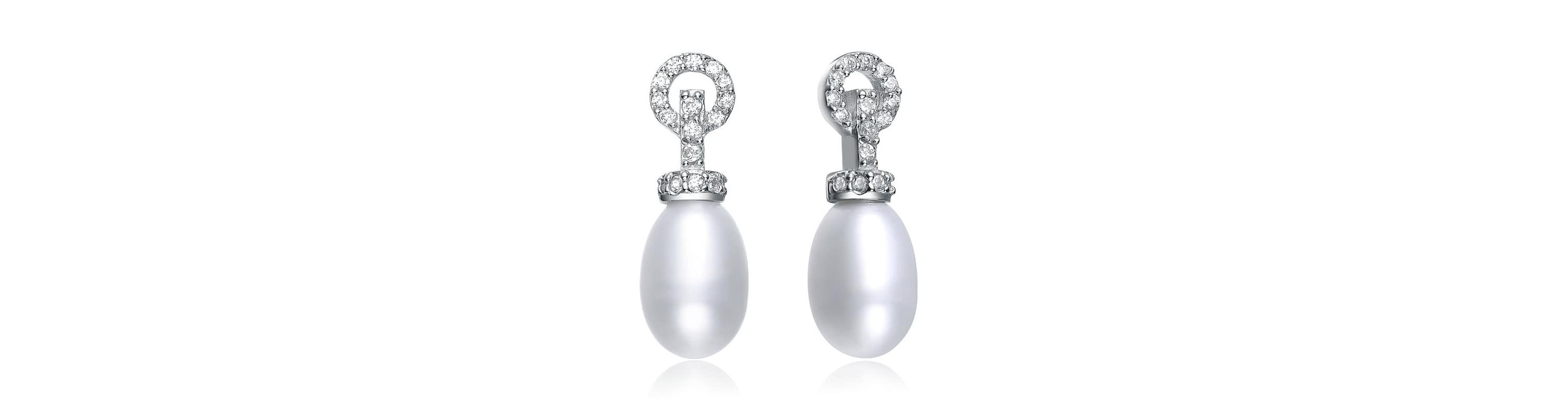 Lab Created Sterling Silver White Gold Plated with Cubic Zirconia & Pearl Drop Earrings