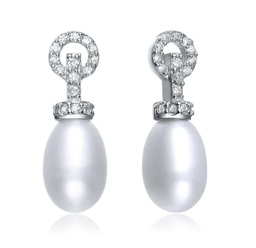 Lab Created Sterling Silver White Gold Plated with Cubic Zirconia & Pearl Drop Earrings