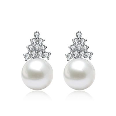 Rozzato Lab Created Sterling Silver White Gold Plated with Clear Cubic Zirconia & White Pearl Earrings