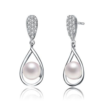 Rozzato Lab Created Sterling Silver White Gold Plated with White Genuine Pearl & Cubic Zirconia Drop Earrings