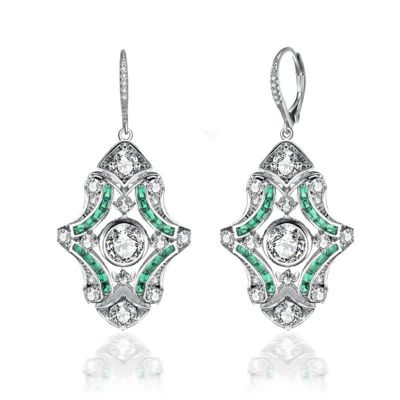 Rozzato Lab Created Sterling Silver White Gold Plated with Emerald Green Cubic Zirconia Art Deco Lever Back Earrings