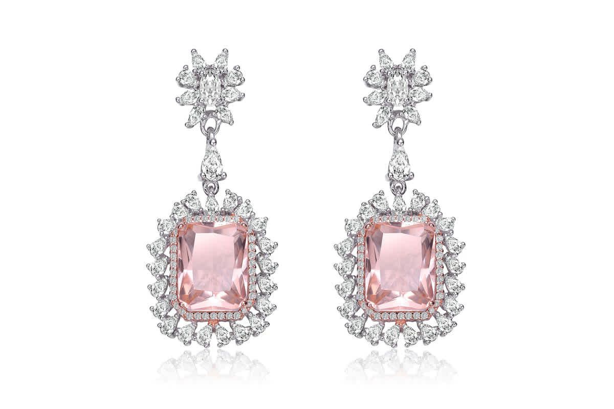 Lab Created Sterling Silver White Gold Plated with Morganite Cubic Zirconia Halo Drop Earrings