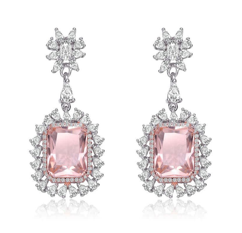 Lab Created Sterling Silver White Gold Plated with Morganite Cubic Zirconia Halo Drop Earrings