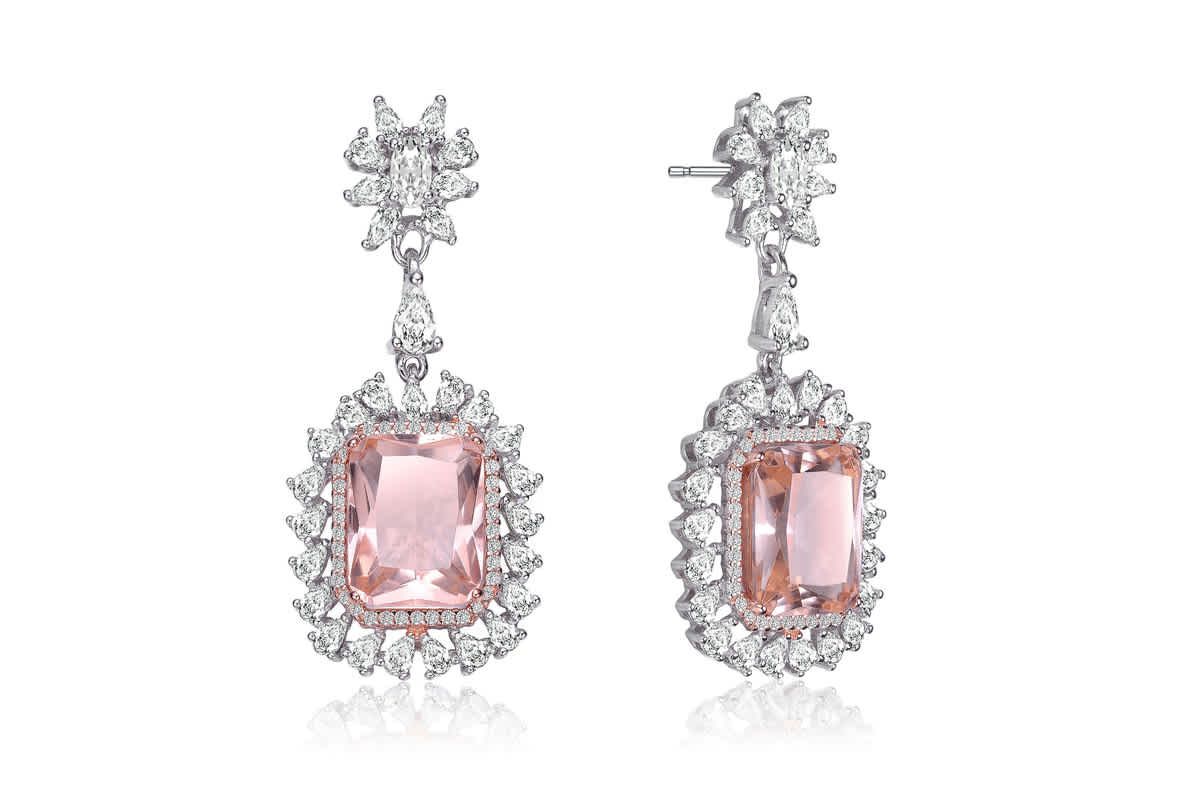 Lab Created Sterling Silver White Gold Plated with Morganite Cubic Zirconia Halo Drop Earrings