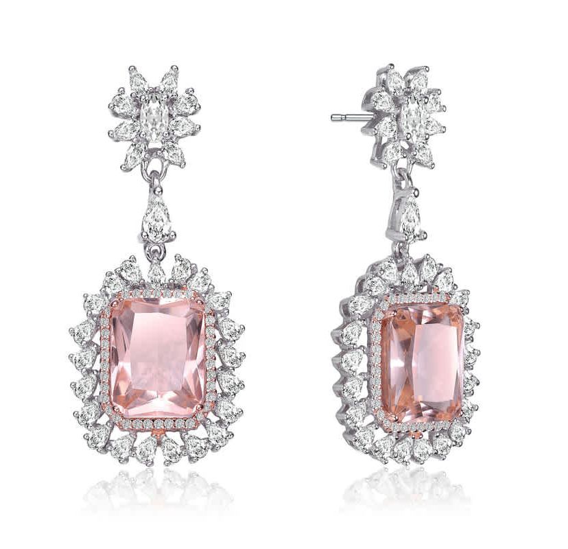 Lab Created Sterling Silver White Gold Plated with Morganite Cubic Zirconia Halo Drop Earrings