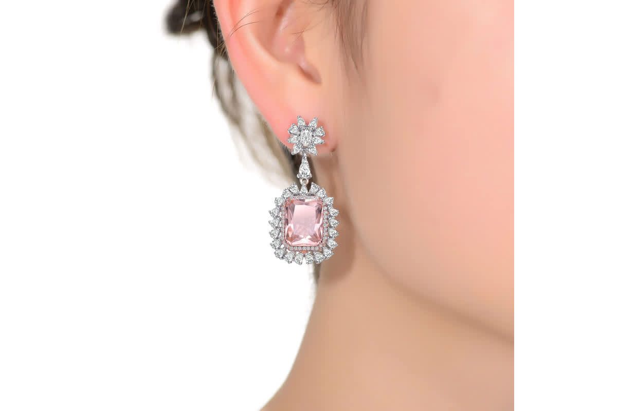 Lab Created Sterling Silver White Gold Plated with Morganite Cubic Zirconia Halo Drop Earrings