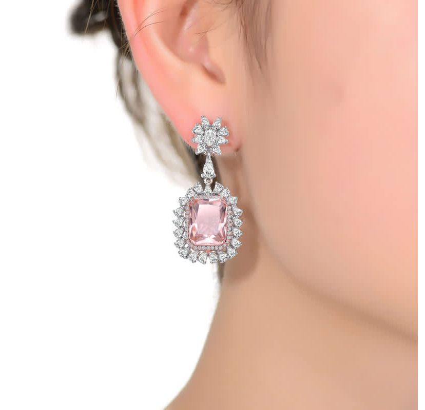 Lab Created Sterling Silver White Gold Plated with Morganite Cubic Zirconia Halo Drop Earrings