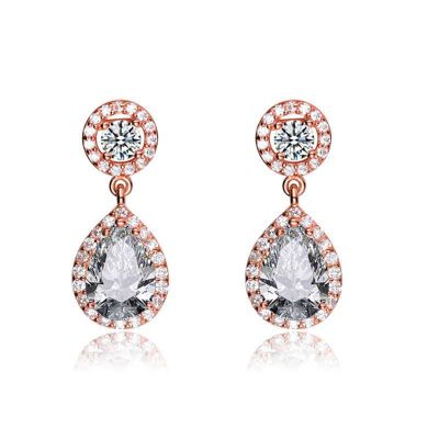 Rozzato Lab Created Sterling Silver 18K Rose Gold Plated with Clear Cubic Zirconia Pear Drop Earrings