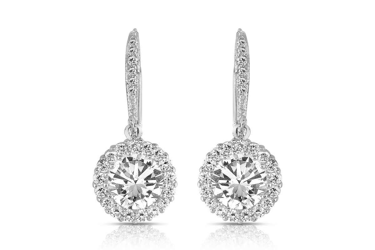 Lab Created Sterling Silver with Clear Round Cubic Zirconia Haloed Solitaire Drop Earrings