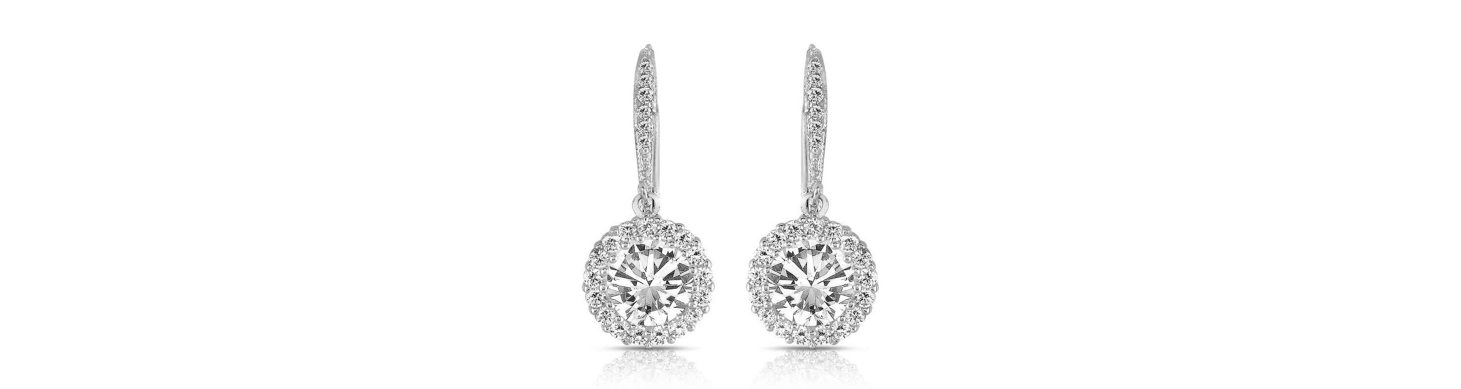 Lab Created Sterling Silver with Clear Round Cubic Zirconia Haloed Solitaire Drop Earrings