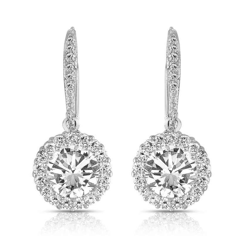 Lab Created Sterling Silver with Clear Round Cubic Zirconia Haloed Solitaire Drop Earrings