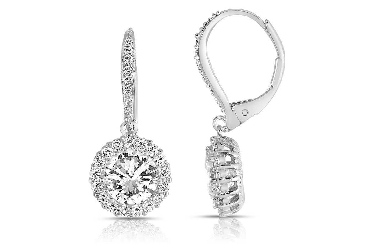 Lab Created Sterling Silver with Clear Round Cubic Zirconia Haloed Solitaire Drop Earrings