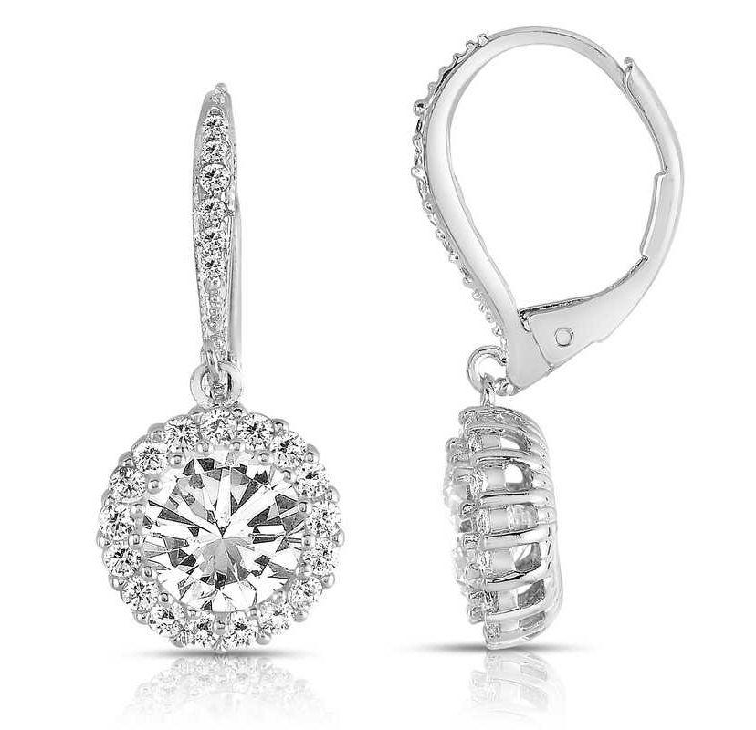 Lab Created Sterling Silver with Clear Round Cubic Zirconia Haloed Solitaire Drop Earrings