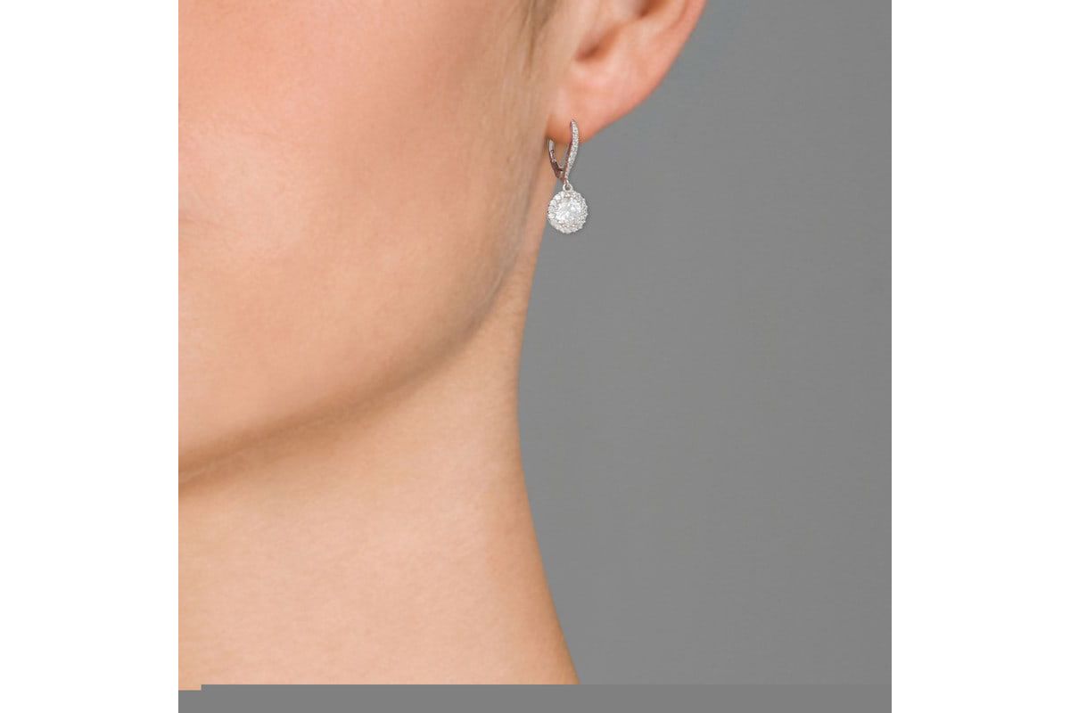 Lab Created Sterling Silver with Clear Round Cubic Zirconia Haloed Solitaire Drop Earrings