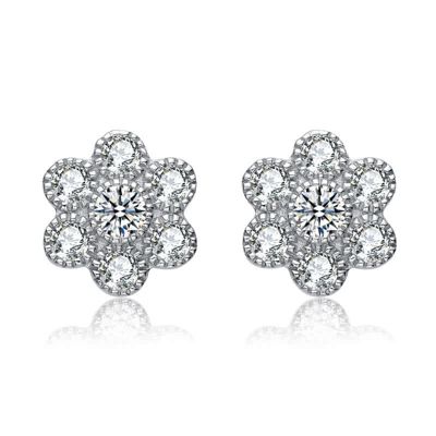 Rozzato Lab Created Sterling Silver White Gold Plated with Clear Cubic Zirconia Flower Shape Stud Style Earrings