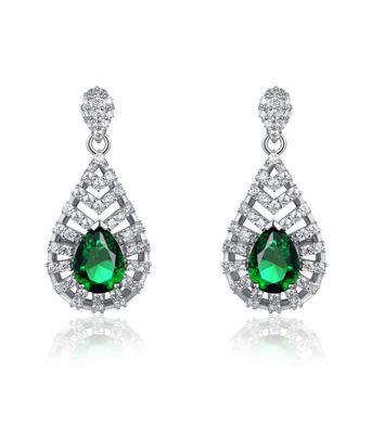 Rozzato Lab Created Sterling Silver White Gold Plated with Emerald Green Cubic Zirconia Accent Drop Earrings