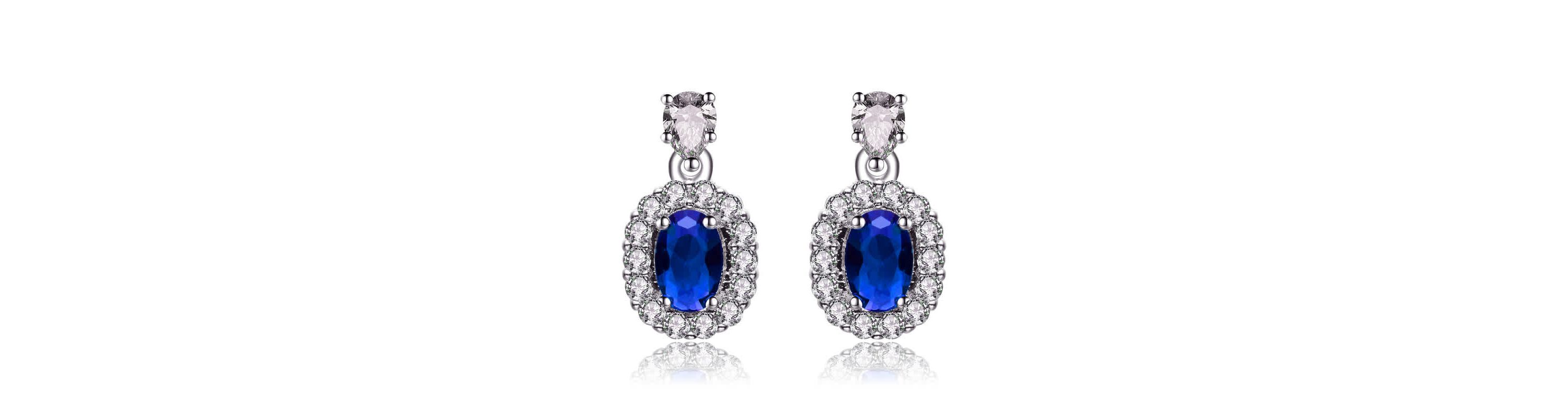 Lab Created Sterling Silver White Gold Plated with Sapphire Blue Cubic Zirconias Accent Earrings