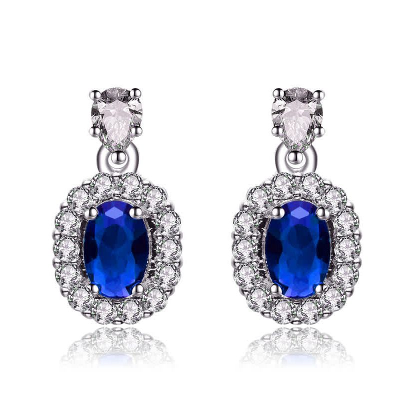 Lab Created Sterling Silver White Gold Plated with Sapphire Blue Cubic Zirconias Accent Earrings