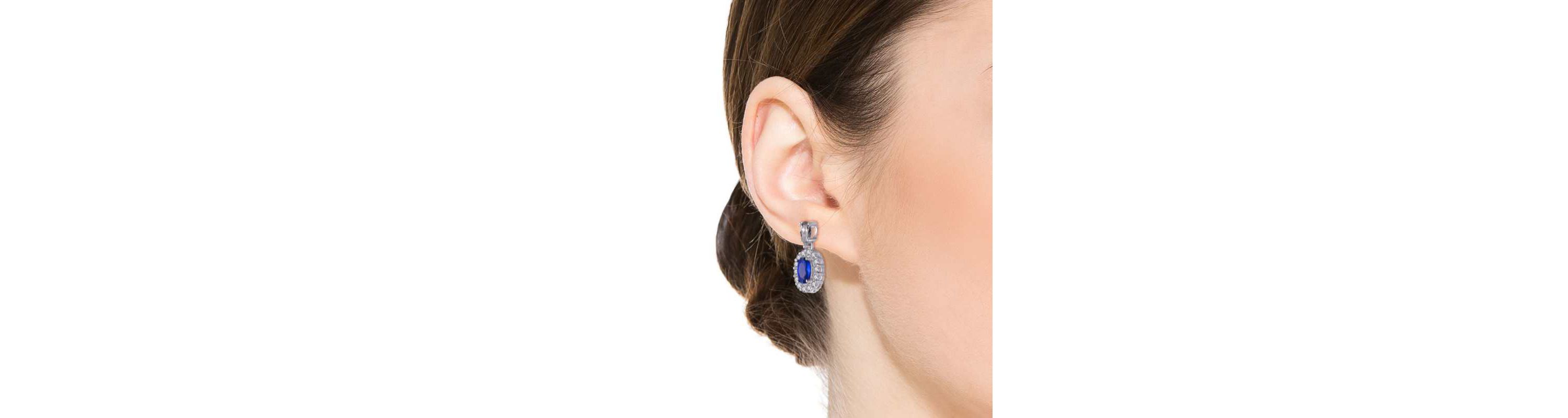 Lab Created Sterling Silver White Gold Plated with Sapphire Blue Cubic Zirconias Accent Earrings