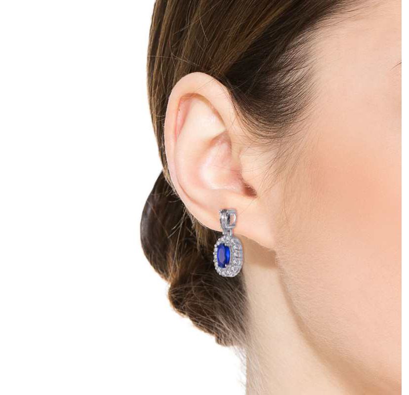 Lab Created Sterling Silver White Gold Plated with Sapphire Blue Cubic Zirconias Accent Earrings
