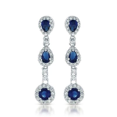 Rozzato Lab Created Sterling Silver White Gold Plated with Sapphire Blue Cubic Zirconia Linear 3-Stone Dangle Earrings