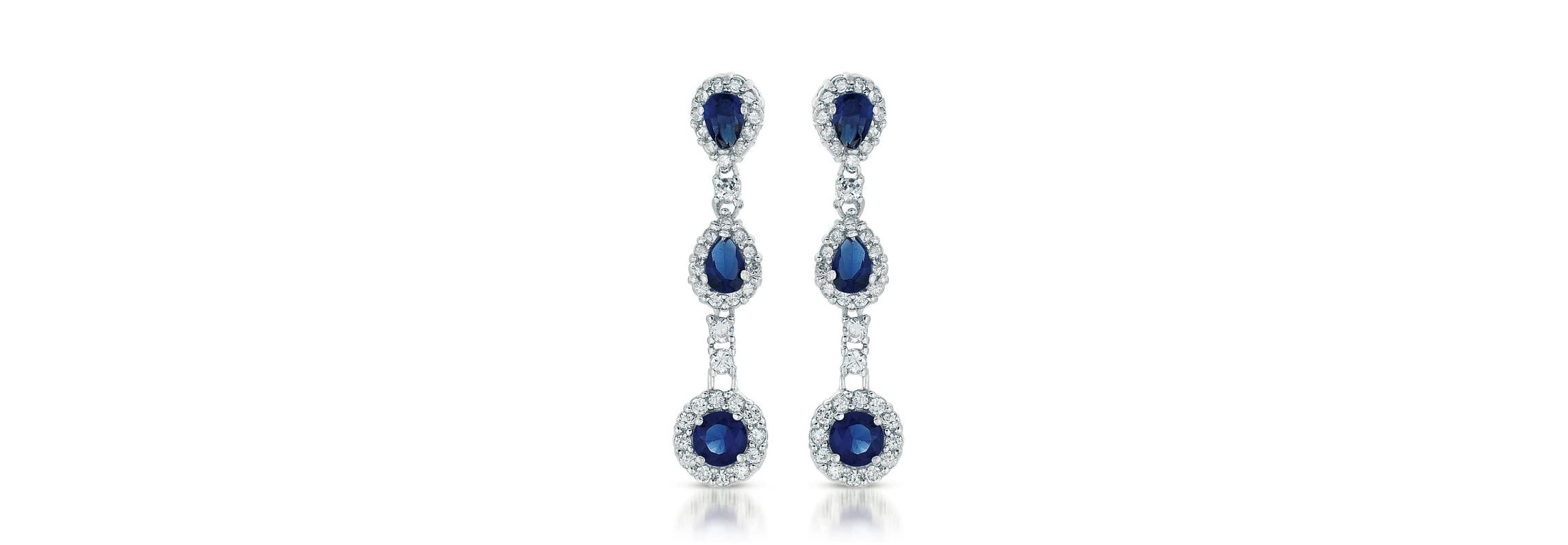 Lab Created Sterling Silver White Gold Plated with Sapphire Blue Cubic Zirconia Linear 3-Stone Dangle Earrings