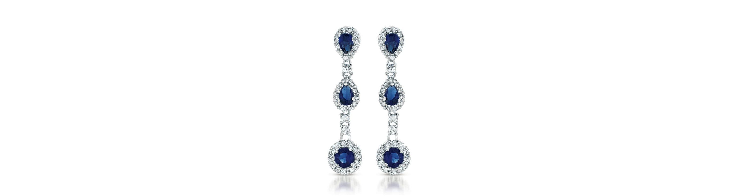 Lab Created Sterling Silver White Gold Plated with Sapphire Blue Cubic Zirconia Linear 3-Stone Dangle Earrings