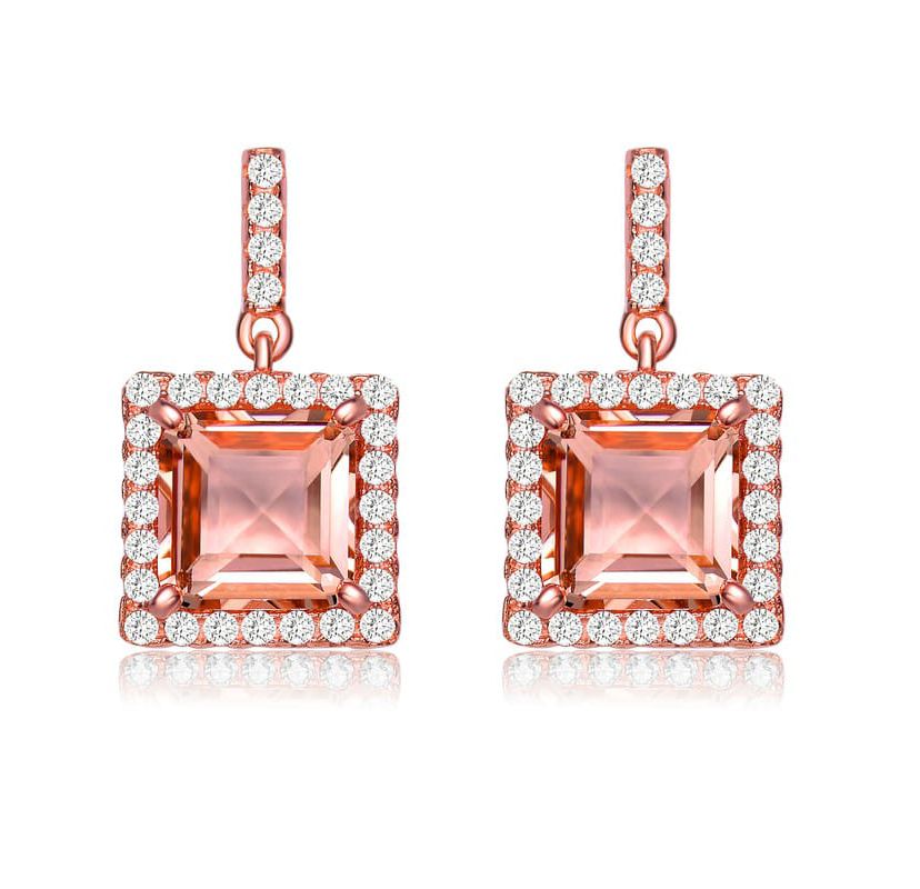 Lab Created Sterling Silver 18K Rose Gold Plated with Square Champagne Cubic Zirconia Drop Earrings