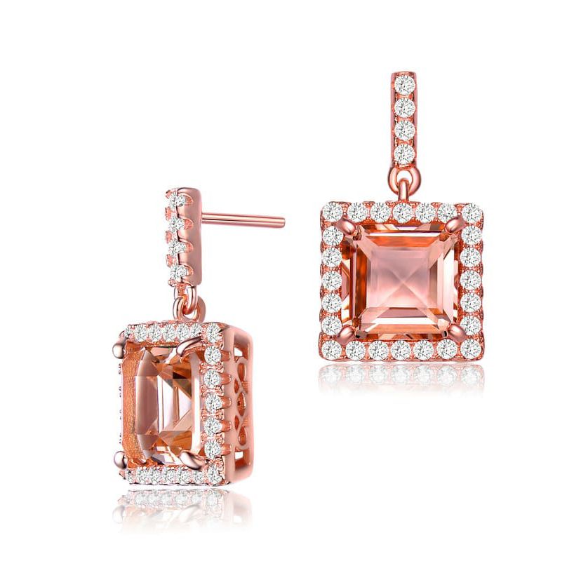 Lab Created Sterling Silver 18K Rose Gold Plated with Square Champagne Cubic Zirconia Drop Earrings