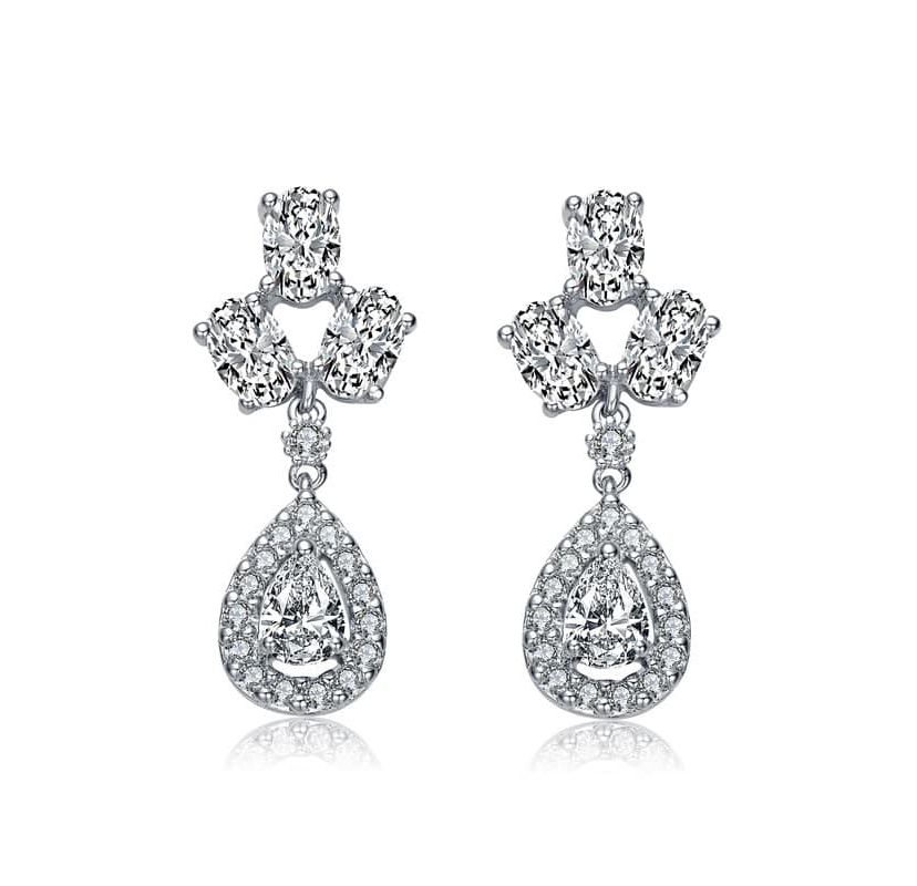 Lab Created Sterling Silver White Gold Plated with Clear Pear & Round Cubic Zirconia Accent Drop Earrings