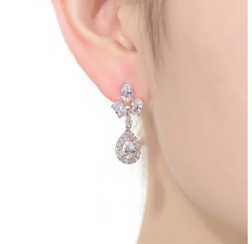 Lab Created Sterling Silver White Gold Plated with Clear Pear & Round Cubic Zirconia Accent Drop Earrings