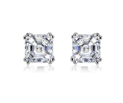 Rozzato Lab Created Sterling Silver White Gold Plated with Cubic Zirconia Assher Cut Square Stud Earrings